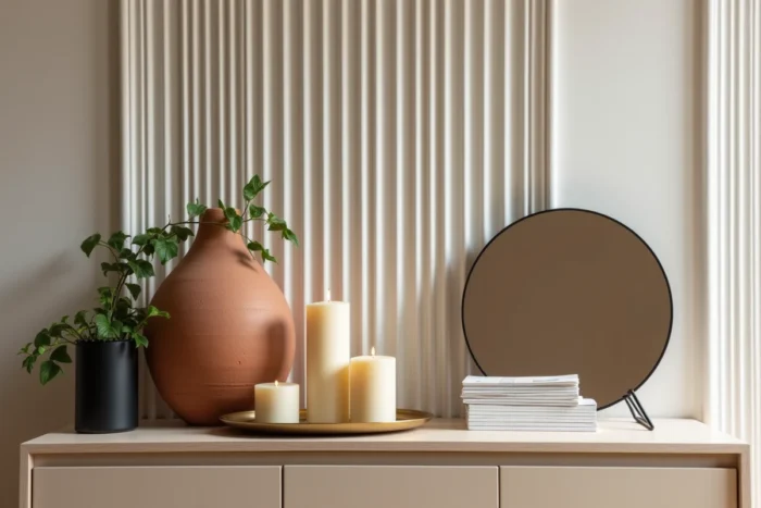 Console de décoration tendance avec vase en grès terracotta, bougies ivoire sur plateau laiton et miroir arqué, vignette déco maison moderne
