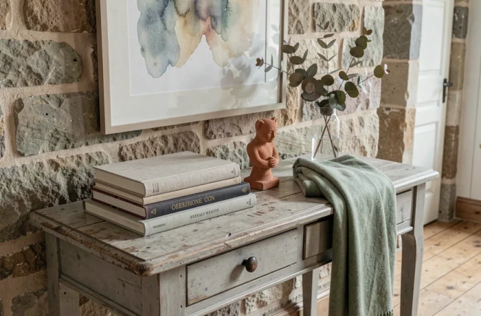 Console décorée avec art contemporain encadré, livres d'art, sculpture en terre cuite et plaid en cachemire dans l'entrée d'une maison de campagne française rénovée