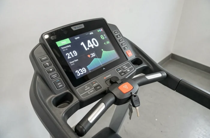 Gros plan sur la console tactile du tapis de course Sportstech F37s Pro avec affichage des performances et boutons de contrôle
