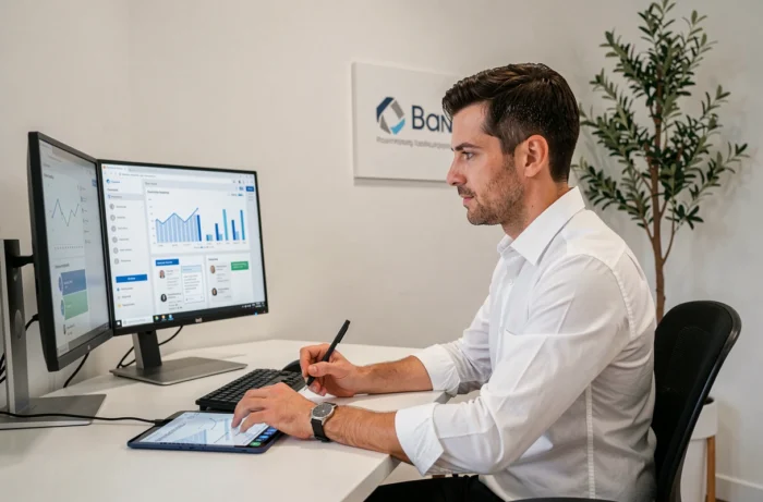 Consultant professionnel analysant des données clients sur écrans dans un bureau épuré et innovant