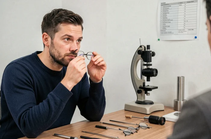 Homme en consultation optique examinant des verres épais pour corriger sa vue