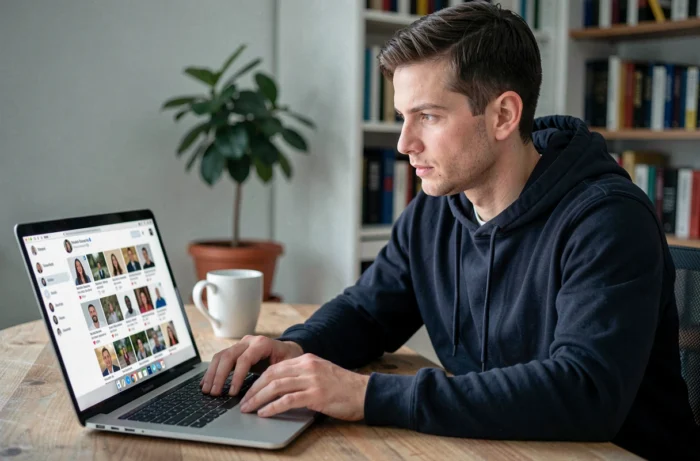 Homme utilisant un ordinateur portable pour consulter des stories Instagram de manière anonyme depuis son bureau
