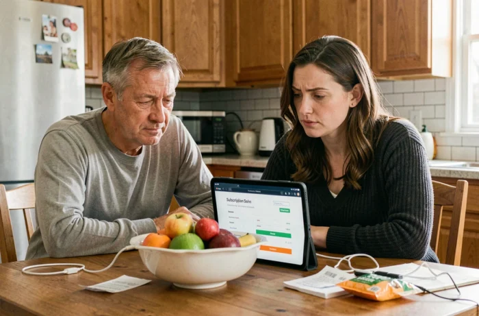 Couple discutant du paiement d'un abonnement à une plateforme de streaming légale dans une cuisine moderne, représentant le dilemme entre streaming payant et gratuit