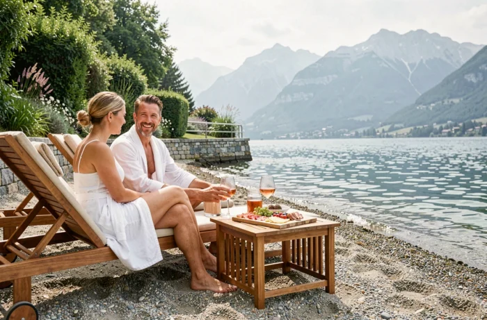 Couple profitant d'un apéritif sur une plage privée exclusive du lac d'Annecy