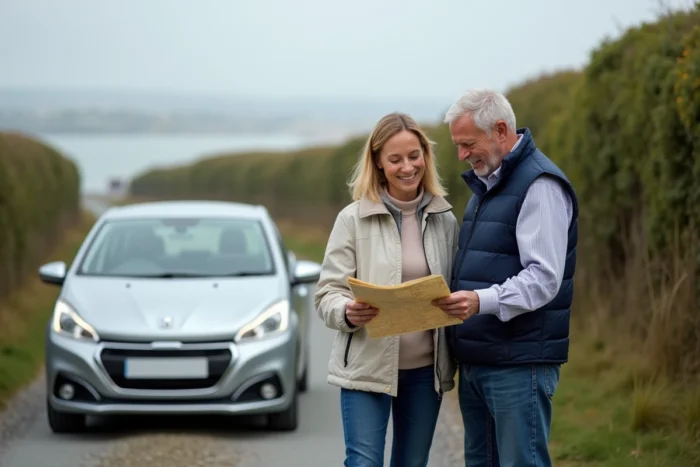 Couple consultant une carte routière près de leur voiture garée avant de visiter Saint-Cado