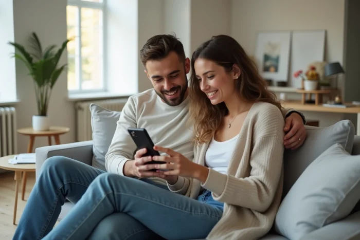 Couple comparant des offres bancaires en ligne sur smartphone dans un salon minimaliste scandinave