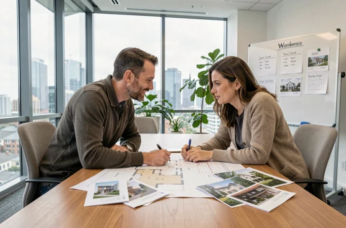Couple consultant des plans immobiliers dans une agence moderne avec vue sur la ville en 2024