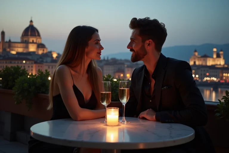 Couple élégant partageant un moment intime sur un rooftop bar avec vue sur une ville européenne au crépuscule