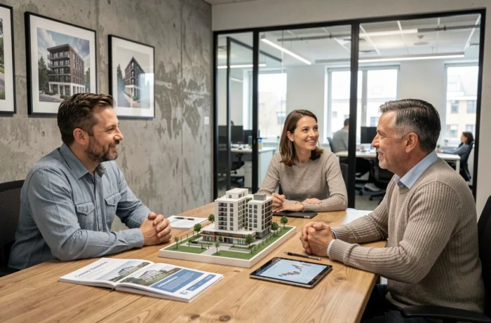 Couple discutant d'un projet d'investissement immobilier avec un conseiller autour d'une maquette de résidence