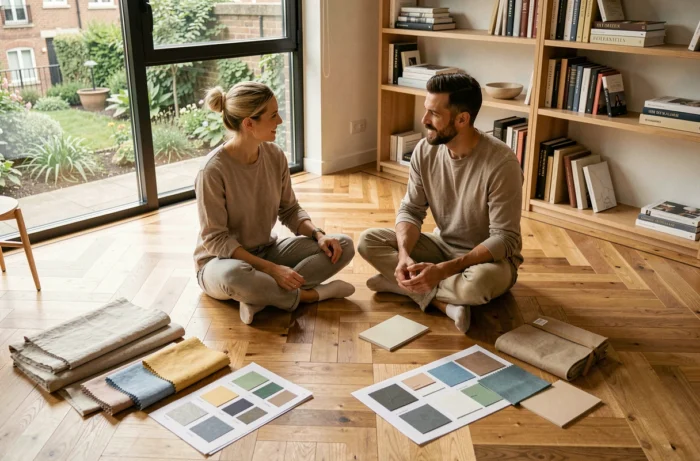 Couple assis sur un parquet entouré d'échantillons de tissus et de planches d'inspiration pour la décoration intérieure de leur maison