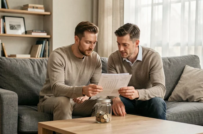 Couple planifiant ensemble leurs finances personnelles avec des documents et une tirelire sur une table basse dans un salon moderne