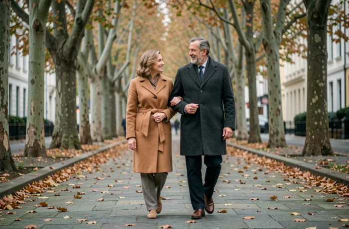 Couple discret et élégant se promenant bras dessus bras dessous sur une avenue parisienne en automne, ambiance intime et complice