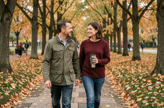 Couple de parents se promenant paisiblement dans un parc en automne, partageant un moment de détente et de connexion