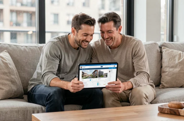 Couple recherchant un bien immobilier en ligne sur une tablette dans leur salon