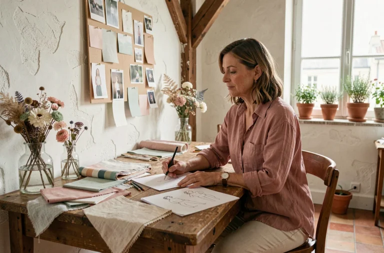 Créatrice de mode dans son atelier parisien entourée de tissus imprimés, esquisses et fleurs séchées pour la collection printemps