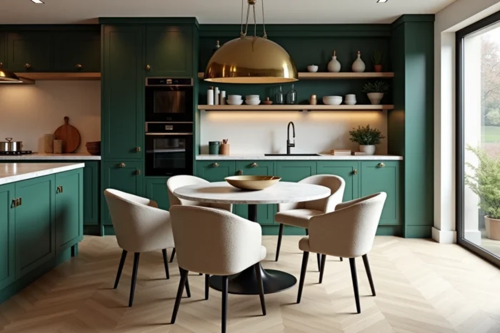 Cuisine ouverte tendance avec armoires vert forêt, quincaillerie laiton et table en travertin entourée de chaises bouclé, décoration maison moderne