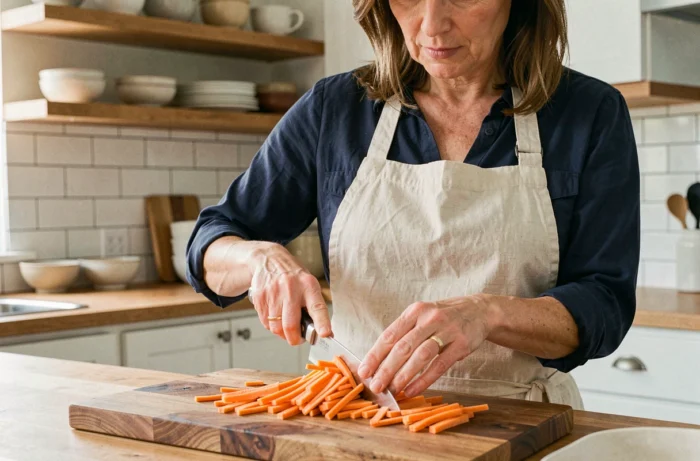Femme découpant des carottes en julienne sur une planche en bois dans une cuisine maison