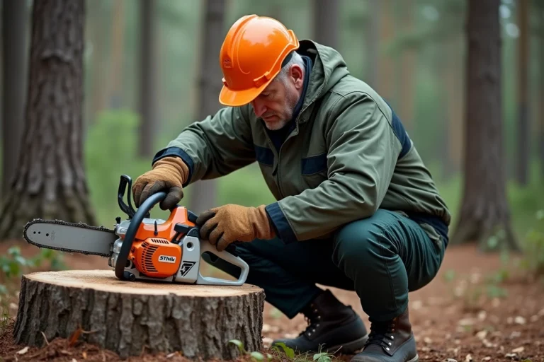 Homme équipé d'un casque de sécurité et de jambières anti-coupures inspectant une tronçonneuse Stihl avant démarrage en forêt