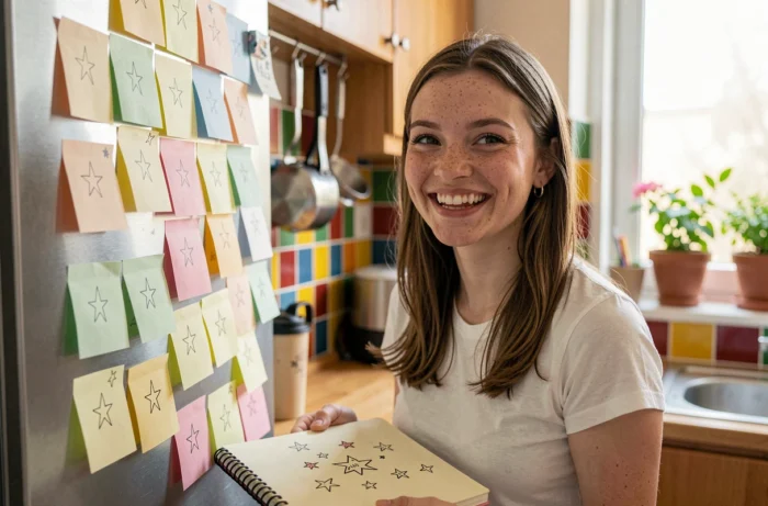 Une femme souriante découvre son dessin récurrent en forme d'étoile glissé partout dans sa cuisine sur des post-it et ses affaires