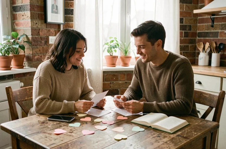 Un couple partage des messages secrets et des petits mots codés autour d'une table en bois dans une cuisine chaleureuse