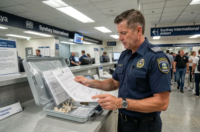 Agent des douanes australiennes inspectant un transport réglementaire de corail à l'aéroport de Sydney