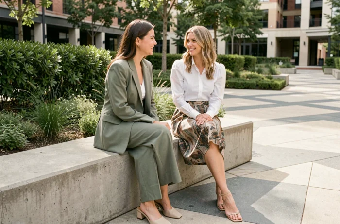 Deux femmes élégamment habillées selon les tendances mode actuelles assises dans un parc urbain moderne