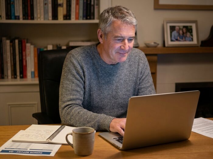 Responsable d'association envoyant des emails de remerciement personnalisés à ses donateurs depuis son bureau à domicile