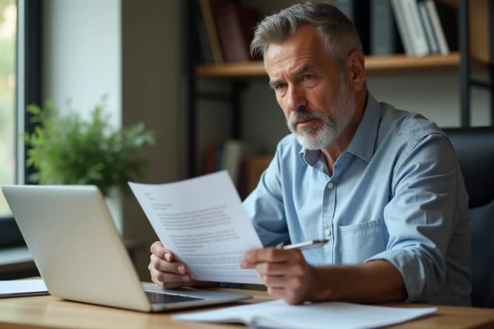 Employeur vérifiant une lettre de licenciement CESU devant son ordinateur dans un bureau à domicile