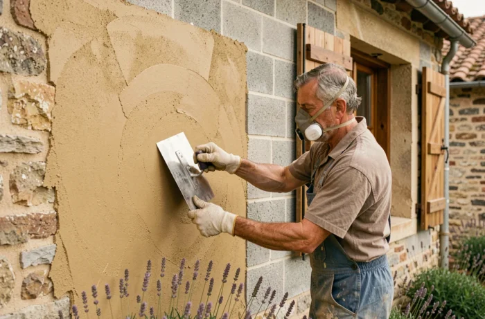 Application et talochage d'un enduit à la chaux sur un mur en parpaing de maison ancienne