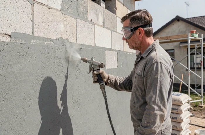 Application d'enduit monocouche projeté sur un mur en parpaing par un ouvrier du bâtiment