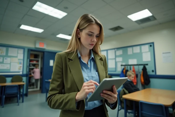 Enseignante consultant sa messagerie webmail Nancy-Metz sur une tablette dans la salle des professeurs