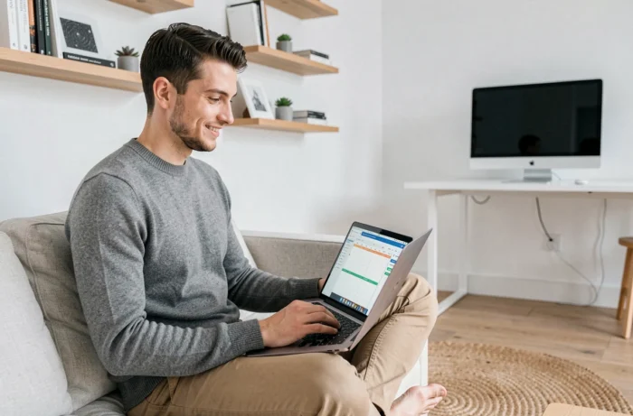 Entrepreneur digital travaillant sur sa stratégie de contenu et calendrier marketing depuis son bureau à domicile