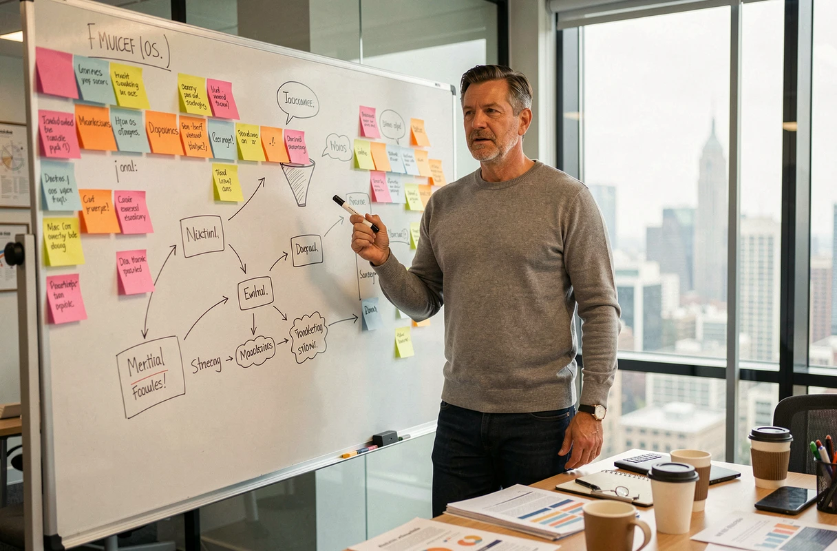 Entrepreneur présentant une stratégie de web marketing sur un tableau blanc avec des notes et des schémas