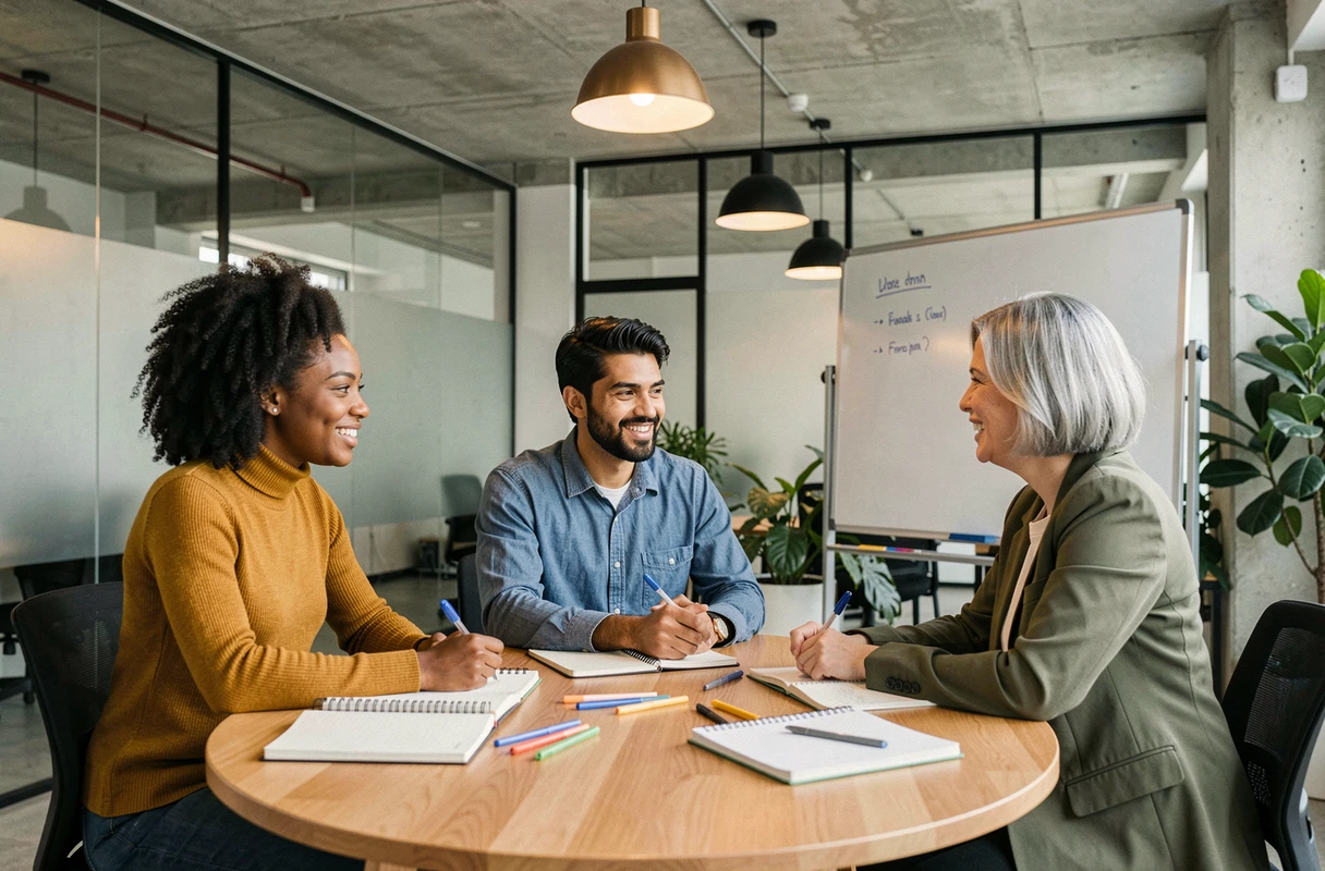 Équipe créative diversifiée en pleine séance de brainstorming verbal dans un bureau moderne, illustrant la collaboration pour stimuler la créativité
