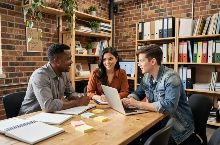 Équipe multiculturelle collaborant autour d'un projet sur-mesure dans un espace de coworking industriel
