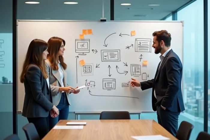 Une équipe de professionnels du web collaborant autour d'un tableau blanc avec un plan de sitemap dessiné à la main