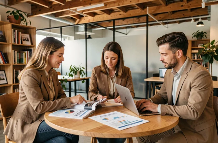 Équipe éditoriale discutant des grandes tendances du marché autour d'un magazine business dans un espace de coworking
