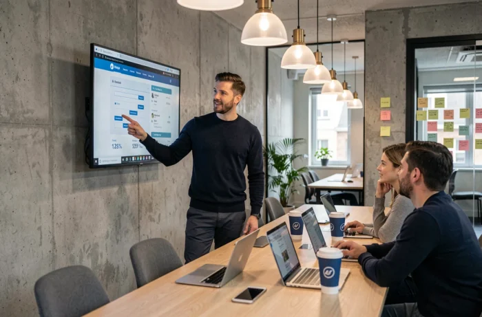 Équipe de jeunes entrepreneurs développant une stratégie de business en ligne dans un espace de coworking