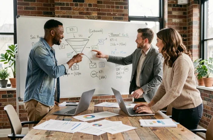 Équipe marketing collaborant autour d'un tableau blanc avec des stratégies digitales pour 2024