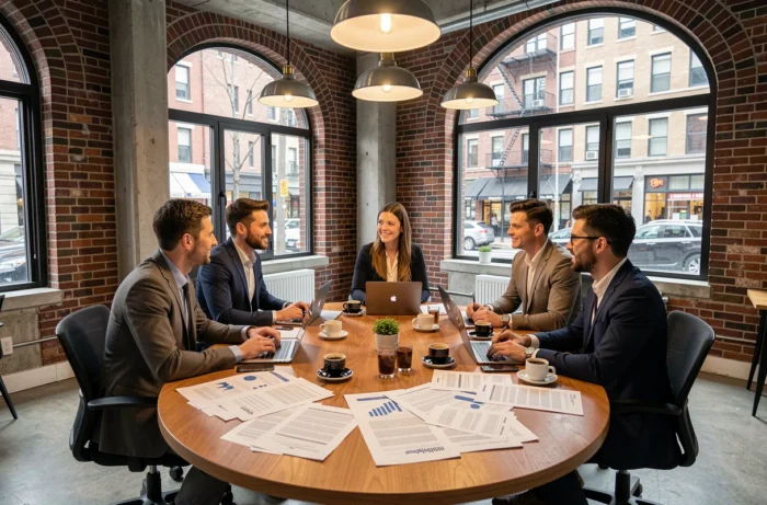 Équipe de professionnels en réunion autour d'une table avec rapports et ordinateurs portables dans un espace coworking urbain