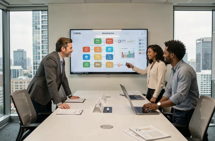 Équipe de professionnels collaborant sur une stratégie marketing digitale innovante en salle de réunion