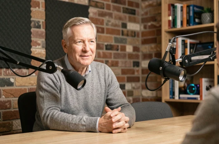 Expert reconnu en intelligence artificielle accordant une interview dans un studio de podcast minimaliste, discutant des avancées mondiales de l'IA