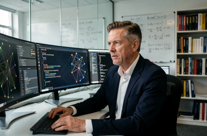 Expert en intelligence artificielle reconnu mondialement travaillant dans un laboratoire de recherche universitaire entouré d'écrans affichant des réseaux de neurones