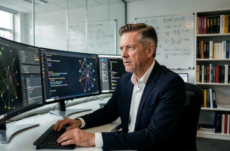Expert en intelligence artificielle reconnu mondialement travaillant dans un laboratoire de recherche universitaire entouré d'écrans affichant des réseaux de neurones