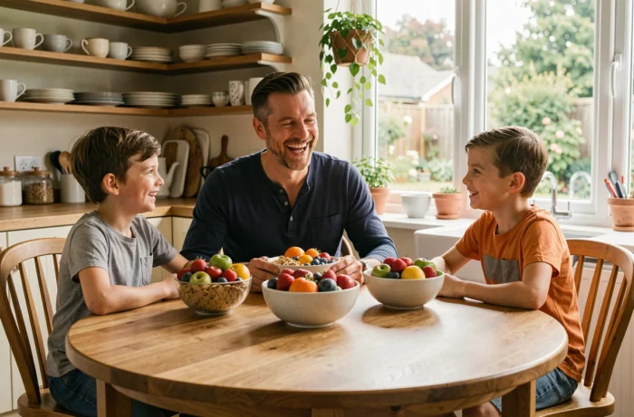 Père et enfants partageant un petit-déjeuner sain et joyeux dans une cuisine familiale lumineuse le matin