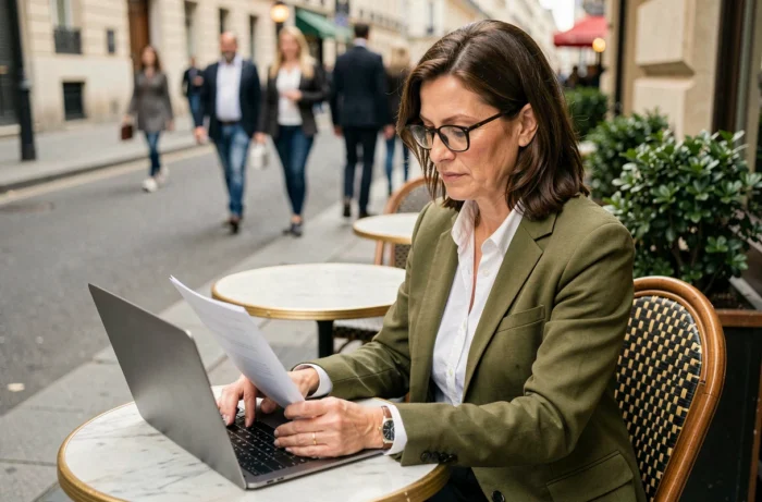 Femme d'affaires travaillant en extérieur sur son projet de business en ligne dans un café parisien