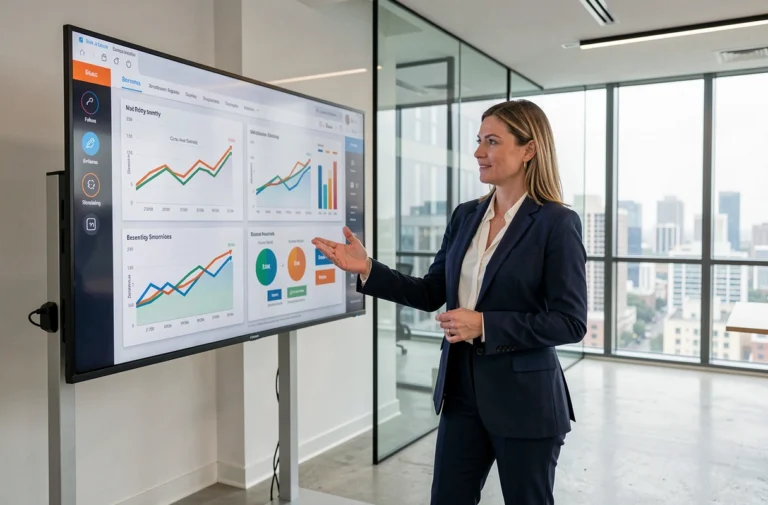 Femme d'affaires présentant une stratégie de croissance sur écran numérique dans un bureau moderne vitré