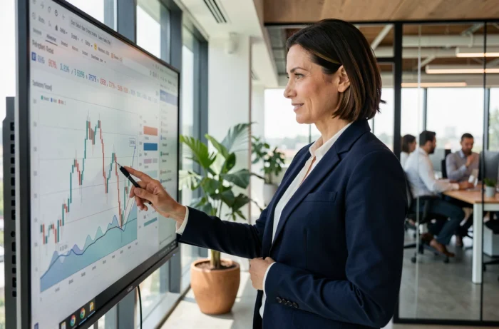 Femme d'affaires analysant des graphiques financiers sur un écran dans un bureau moderne, illustrant les tendances économiques actuelles