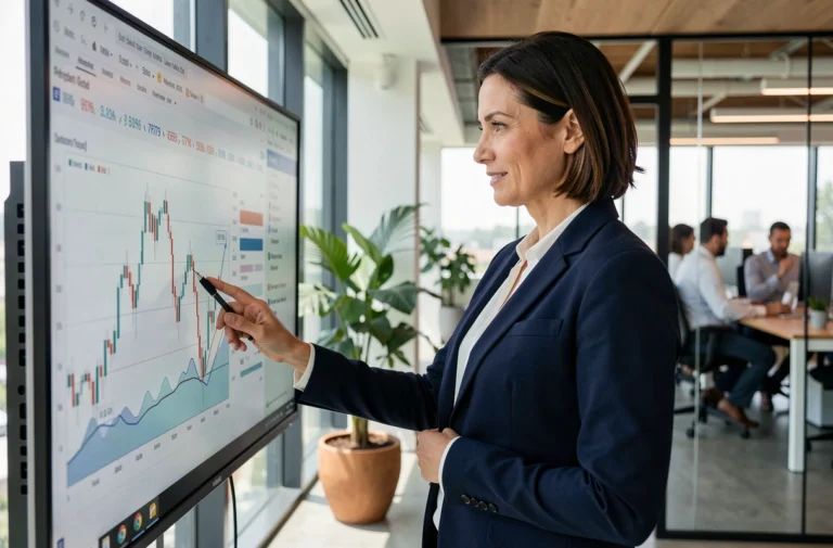 Femme d'affaires analysant des graphiques financiers sur un écran dans un bureau moderne, illustrant les tendances économiques actuelles