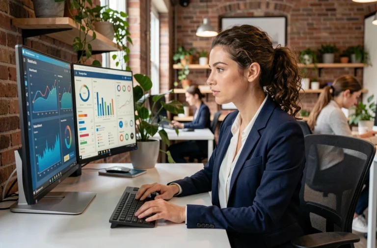 Femme professionnelle analysant des données de web marketing sur deux écrans dans un bureau moderne